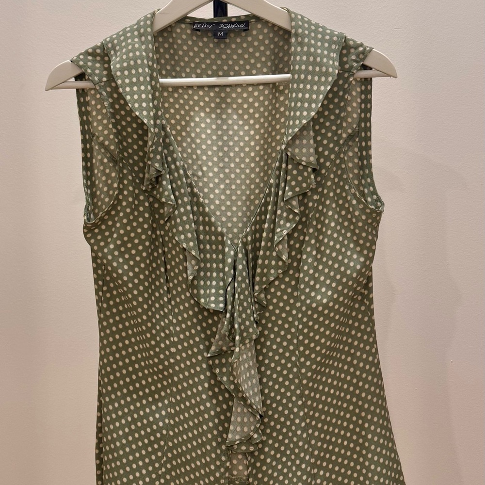 Betsey Johnson Green Polka Dot Ruffle Blouse